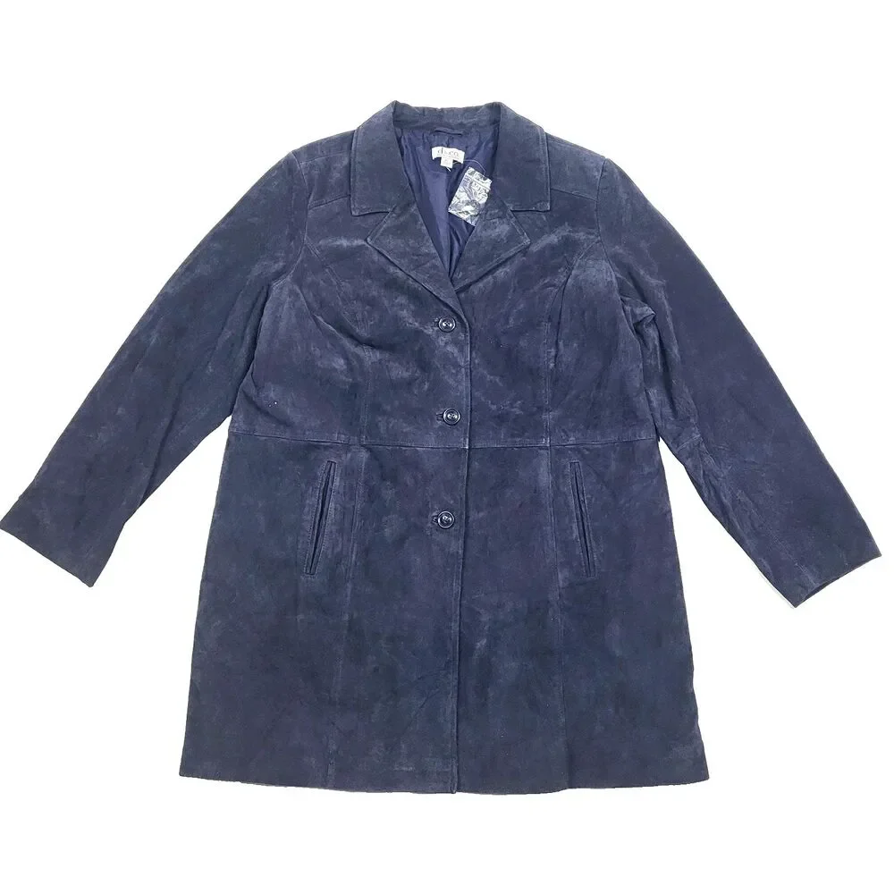 Vtg 90s Blazer Jacket Womens XL Blue Suede Leather Trench Coat Grunge Y2K Goth